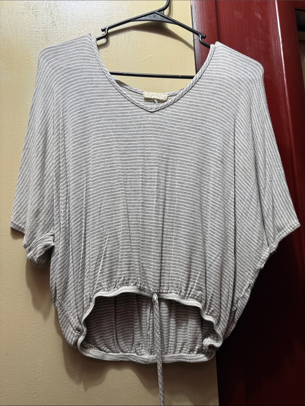 Olivia Rae Light Gray & White Striped Dolman Sleeve Drawstring Top